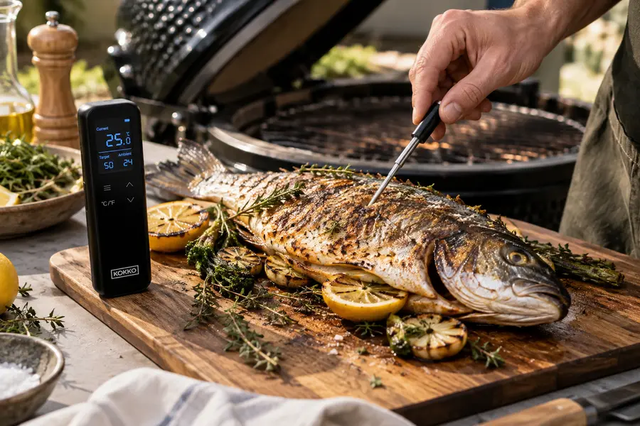 Mesure de la température d'un poisson entier à l'aide d'une sonde
